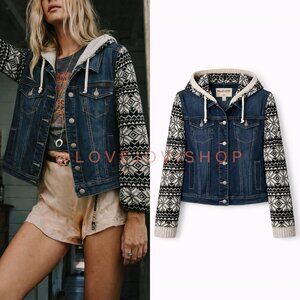 Boho Festival | Wallflower Blue Denim & Intarsia Knit Hoodie Spring Jacket XL